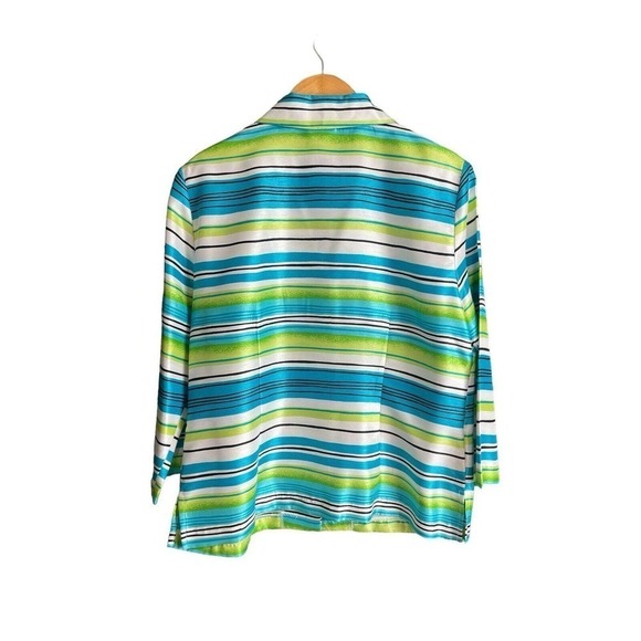 Giorgio Fiorline Stripe Blouse Size 14 Shiny Blue Green Button Front Vintage 90s - Picture 2 of 5